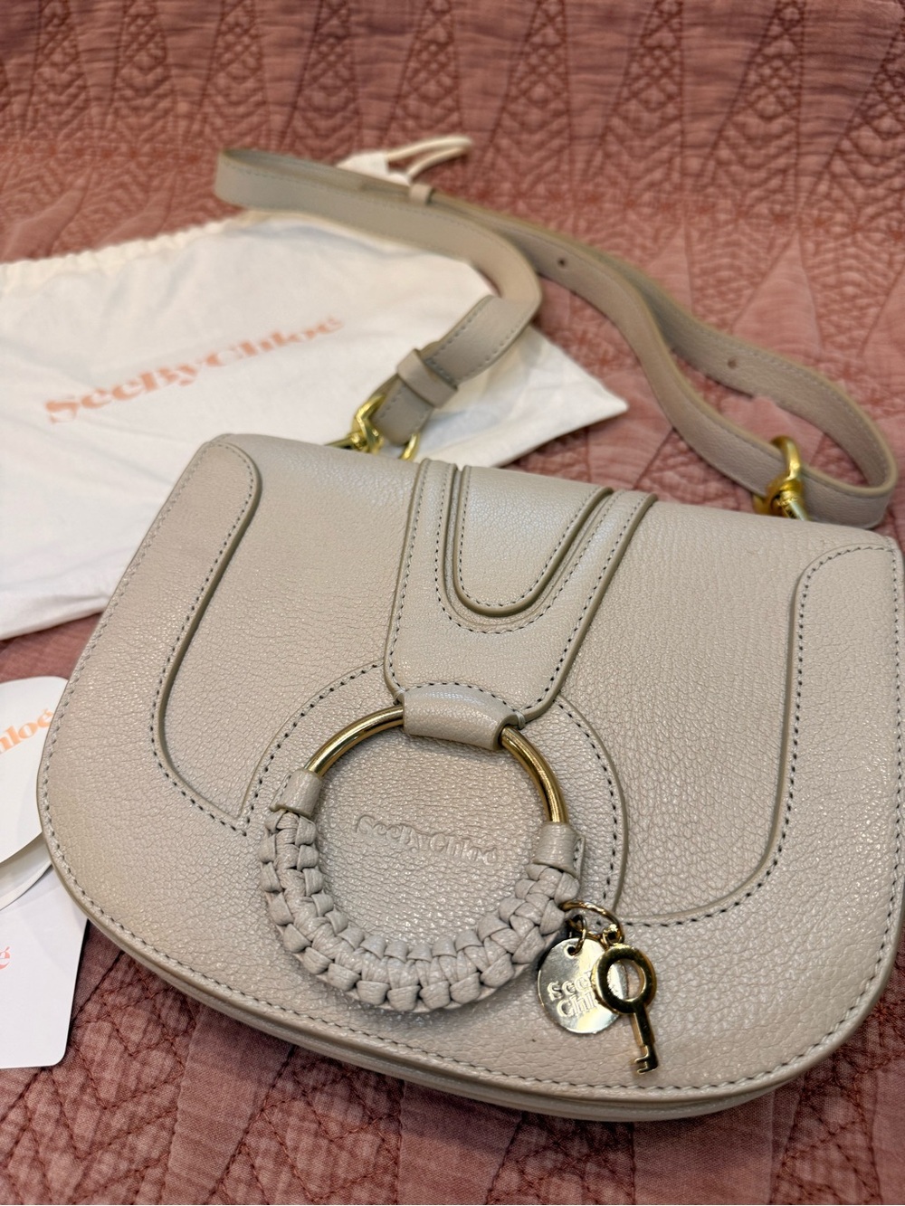 See by Chloé Mini Hana Crossbody Cement Beige Leather Gold Ring Dust Bag - Picture 3 of 11